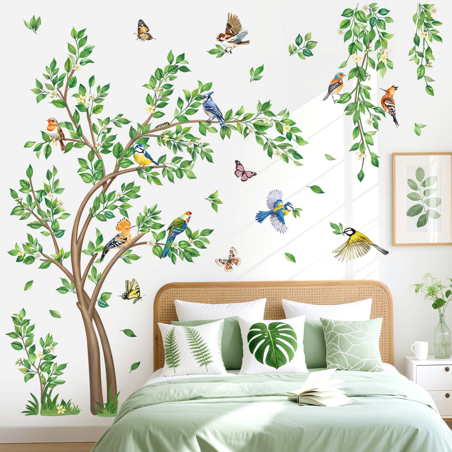 decalmile Large Green Tree Wall Decals Flying Leaves Hanging Vines Birds Wall Stickers