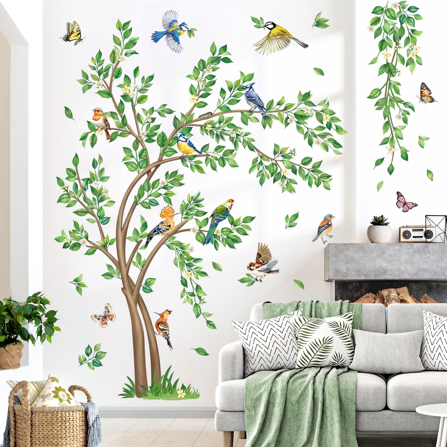 decalmile Large Green Tree Wall Decals Flying Leaves Hanging Vines Birds Wall Stickers
