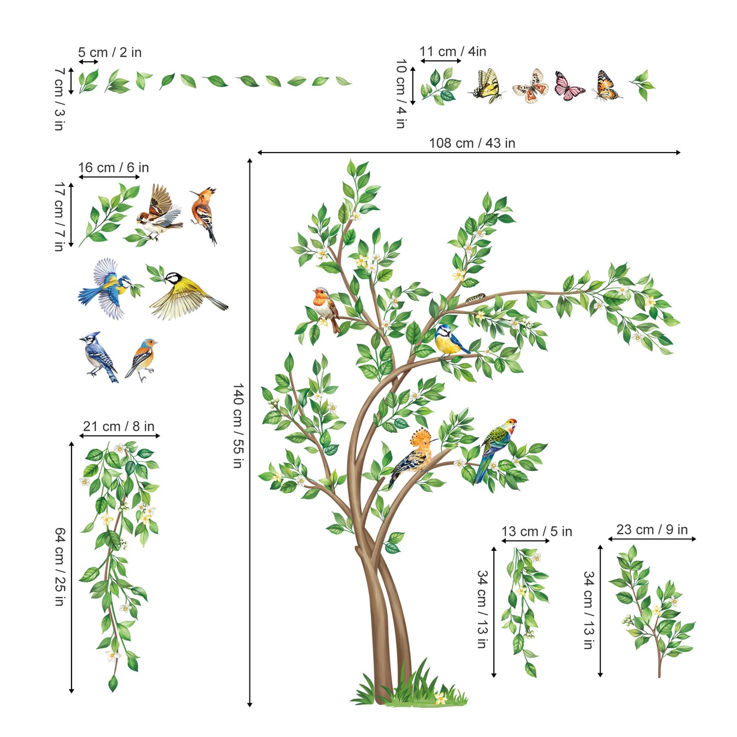 decalmile Large Green Tree Wall Decals Flying Leaves Hanging Vines Birds Wall Stickers