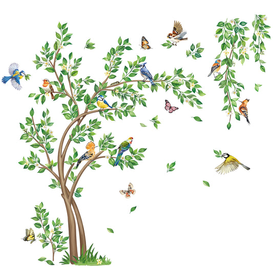 decalmile Large Green Tree Wall Decals Flying Leaves Hanging Vines Birds Wall Stickers