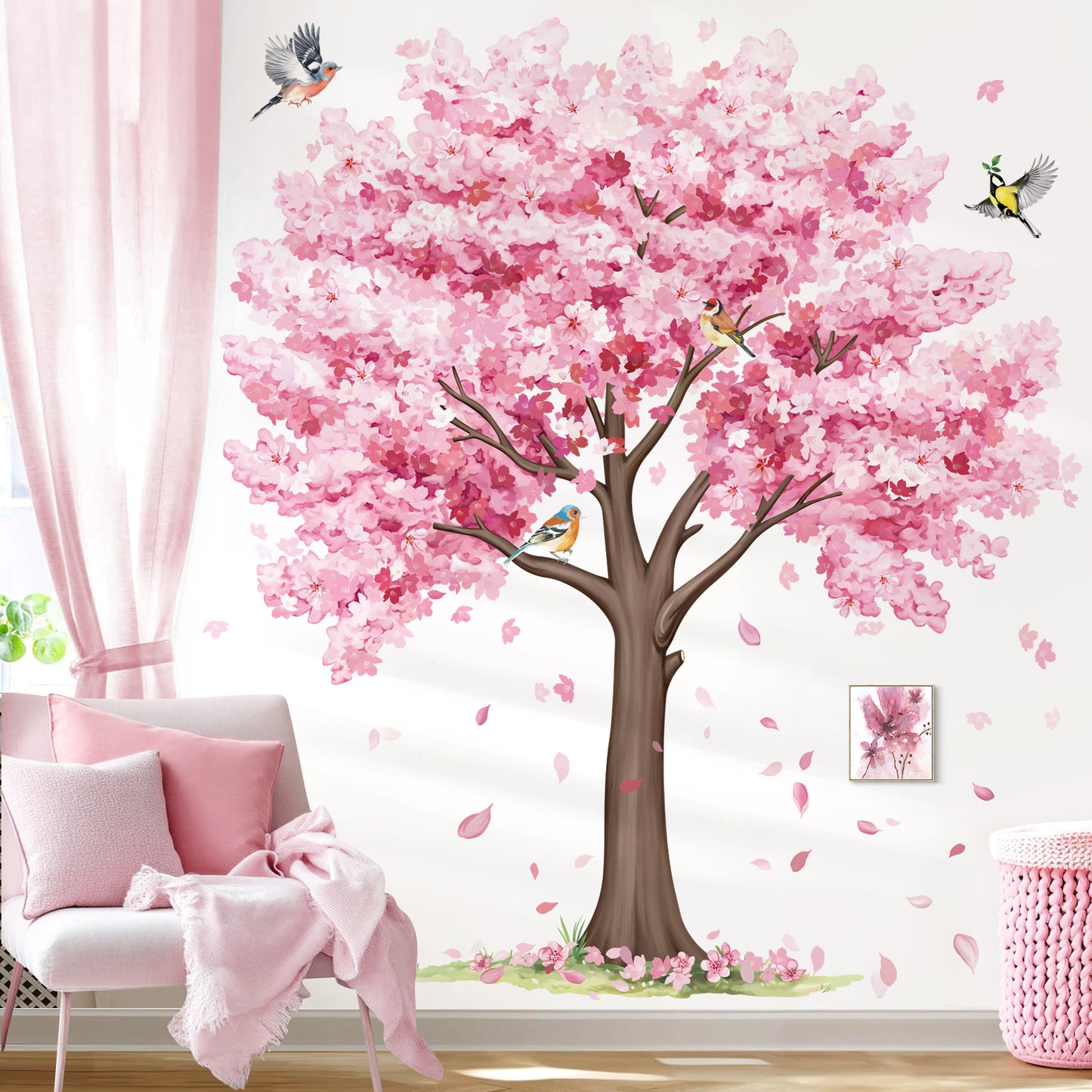 decalmile Large Cherry Blossom Tree Wall Decals Pink Flower Tree Birds Wall Stickers