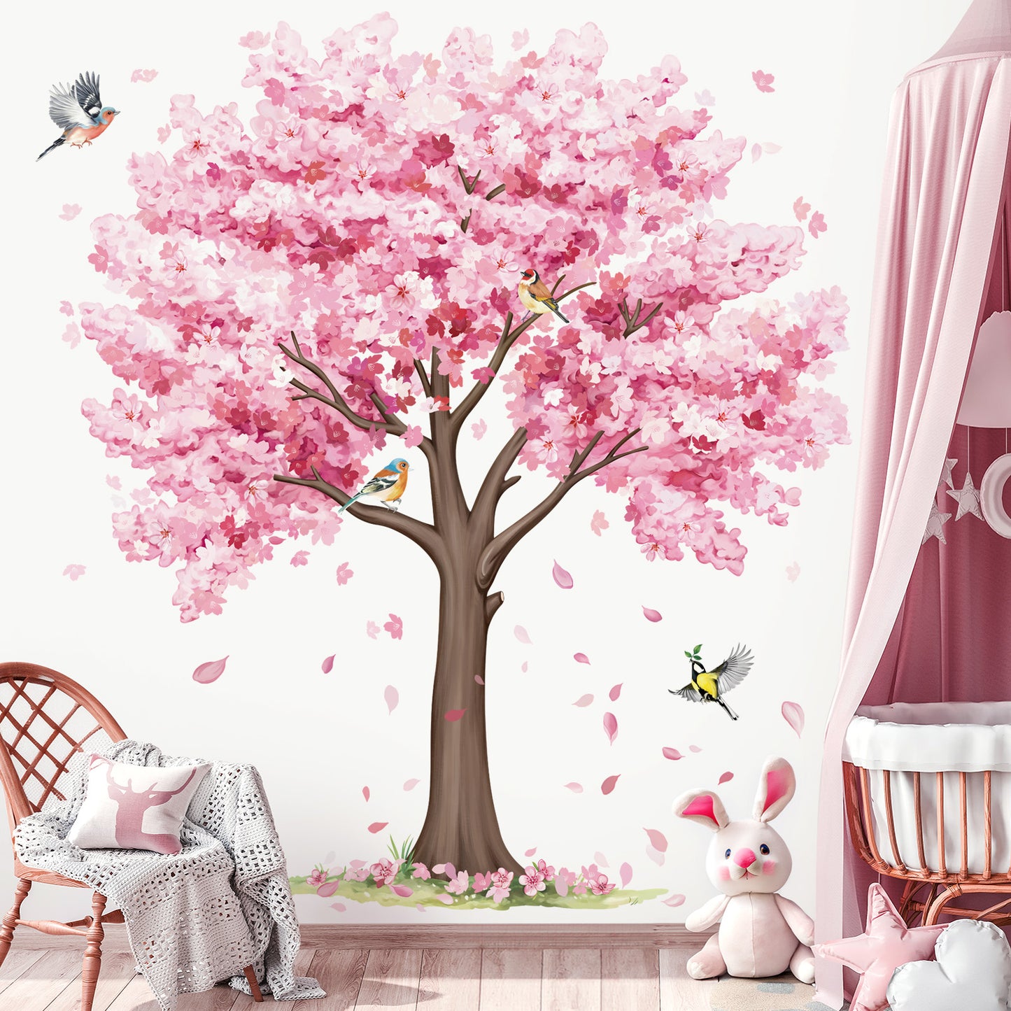 decalmile Large Cherry Blossom Tree Wall Decals Pink Flower Tree Birds Wall Stickers