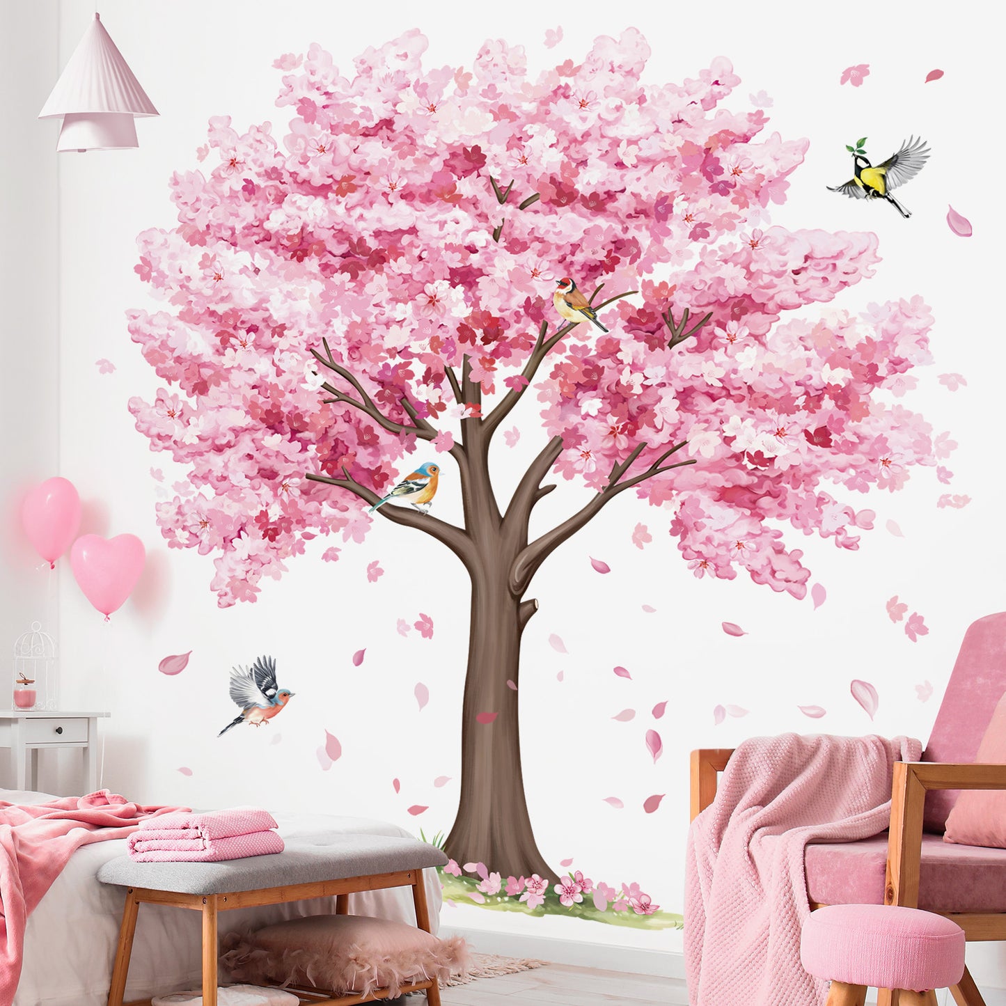 decalmile Large Cherry Blossom Tree Wall Decals Pink Flower Tree Birds Wall Stickers