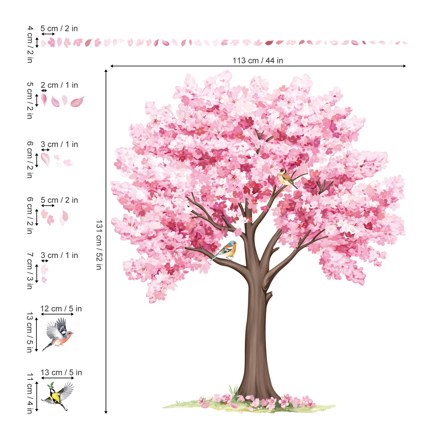 decalmile Large Cherry Blossom Tree Wall Decals Pink Flower Tree Birds Wall Stickers