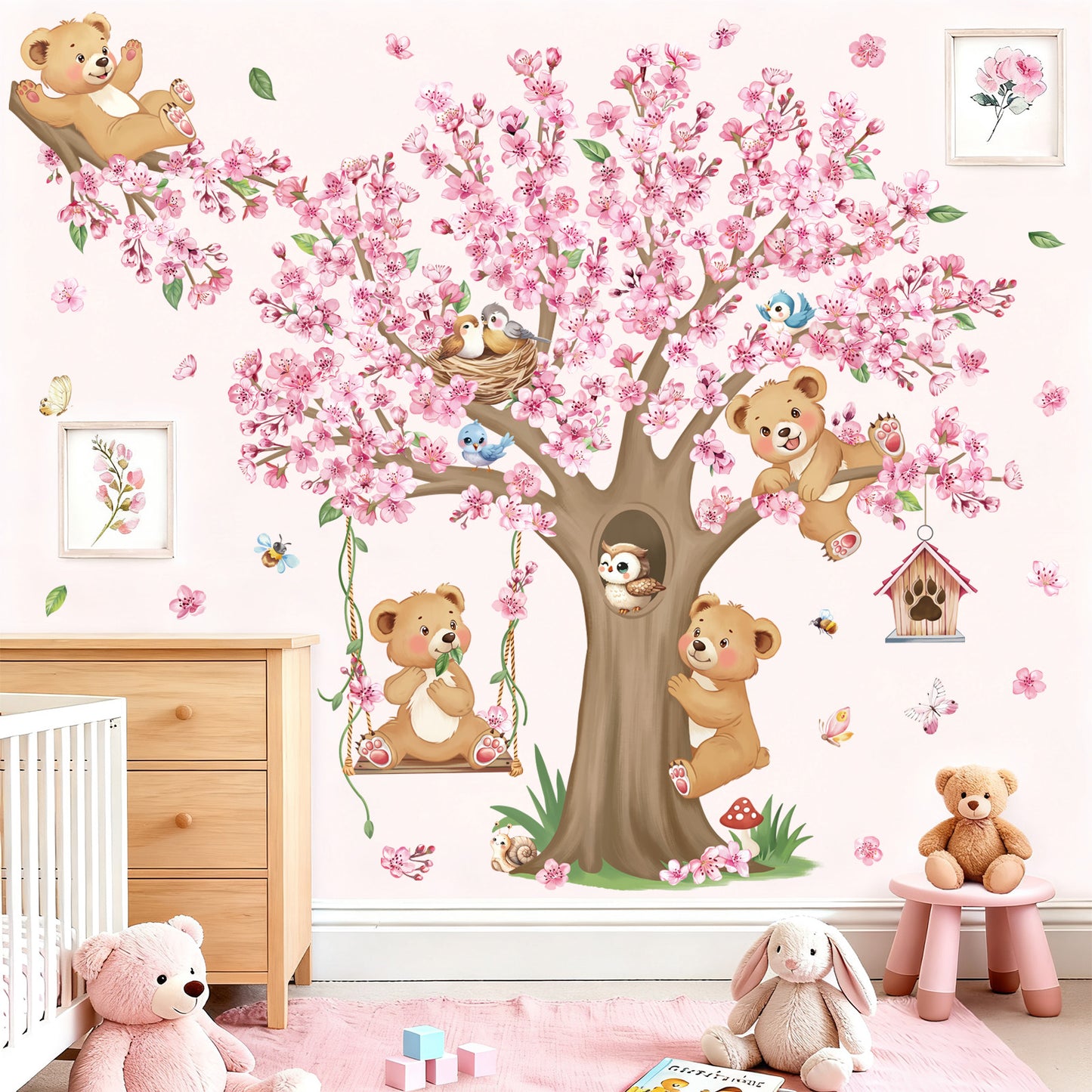 decalmile Woodland Animals Large Cherry Blossom Tree Wall Stickers Pink Flower Bear Wall Decals