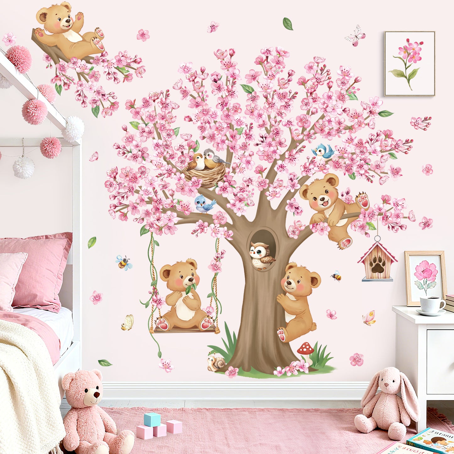 decalmile Woodland Animals Large Cherry Blossom Tree Wall Stickers Pink Flower Bear Wall Decals