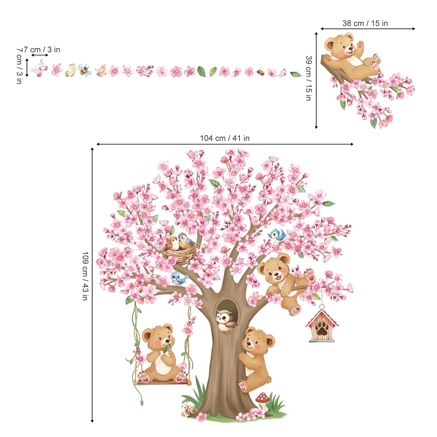 decalmile Woodland Animals Large Cherry Blossom Tree Wall Stickers Pink Flower Bear Wall Decals