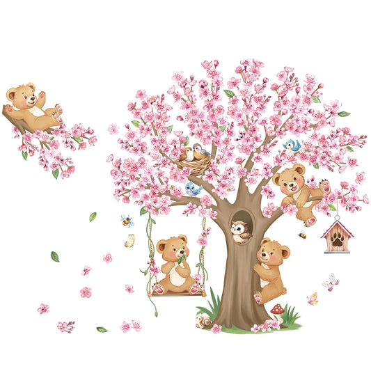 decalmile Woodland Animals Large Cherry Blossom Tree Wall Stickers Pink Flower Bear Wall Decals
