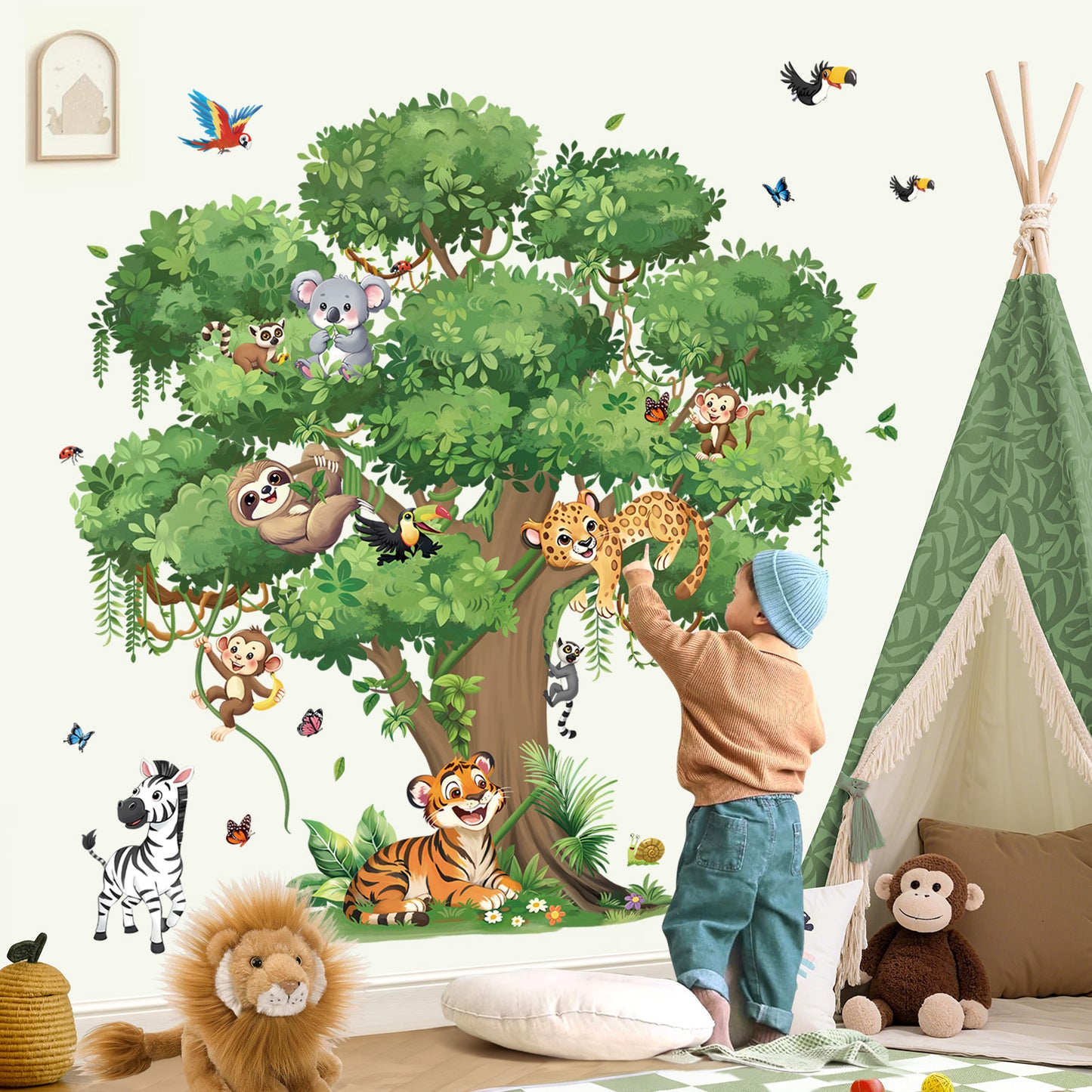 decalmile Jungle Animals Large Tree Wall Stickers Safari Animal Tiger Leopard Zebra Wall Decals