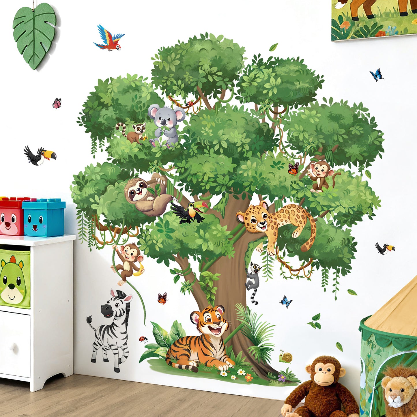 decalmile Jungle Animals Large Tree Wall Stickers Safari Animal Tiger Leopard Zebra Wall Decals