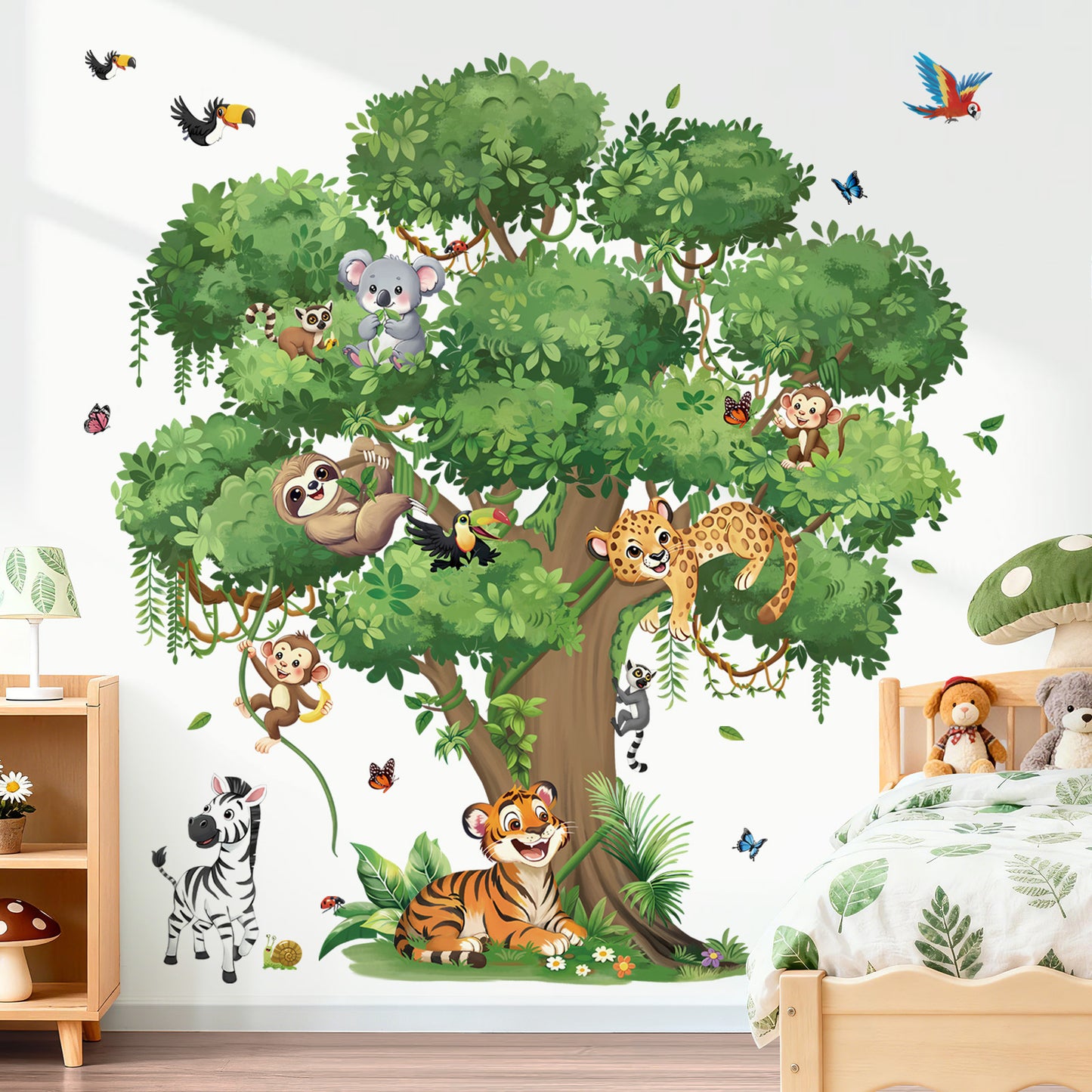 decalmile Jungle Animals Large Tree Wall Stickers Safari Animal Tiger Leopard Zebra Wall Decals
