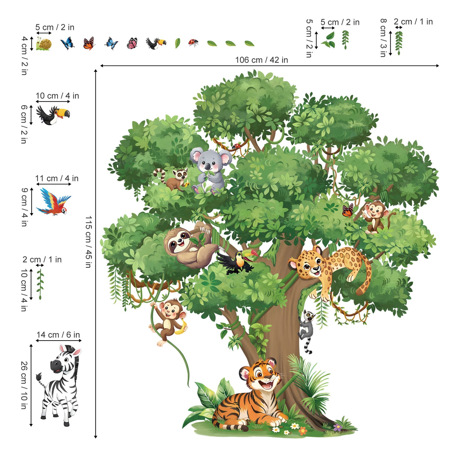 decalmile Jungle Animals Large Tree Wall Stickers Safari Animal Tiger Leopard Zebra Wall Decals