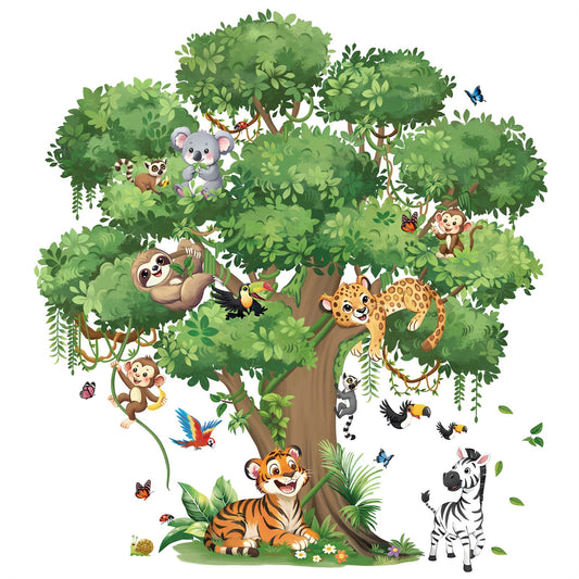 decalmile Jungle Animals Large Tree Wall Stickers Safari Animal Tiger Leopard Zebra Wall Decals