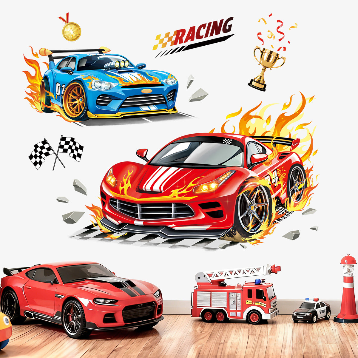 Car Trphys decalmile 3D Racing Car Wall Decals Red Blue Sports Car Trophies Flags ...