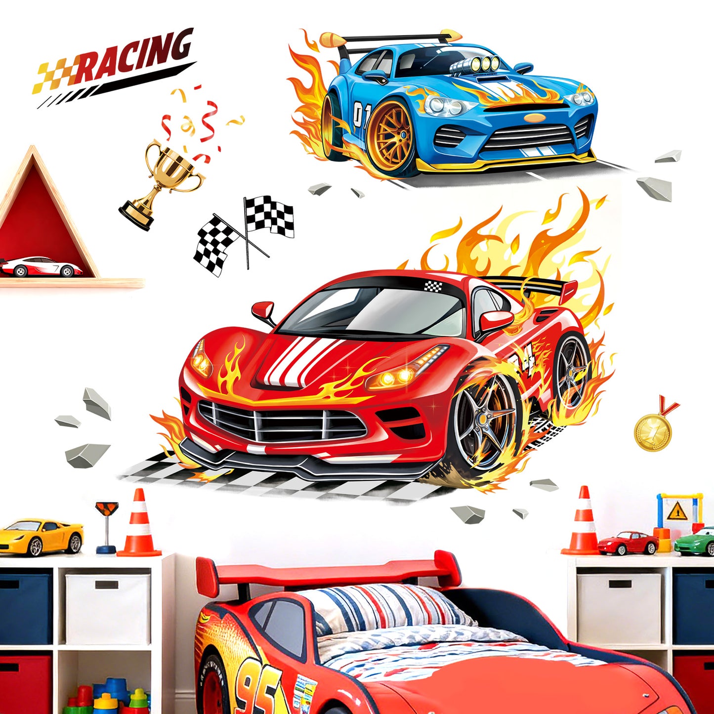 decalmile 3D Racing Car Wall Decals Red Blue Sports Car Trophies Flags Wall Stickers