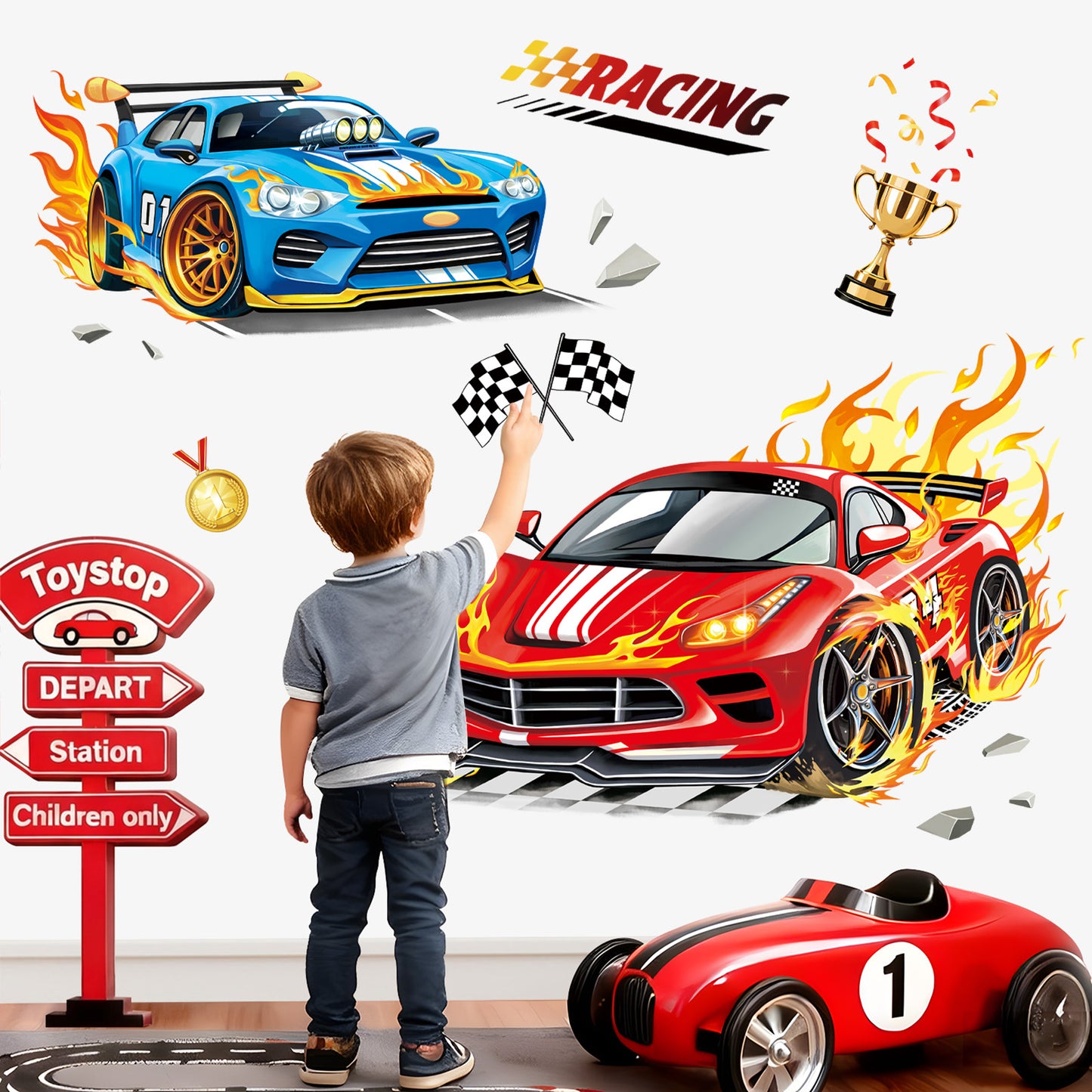 decalmile 3D Racing Car Wall Decals Red Blue Sports Car Trophies Flags Wall Stickers