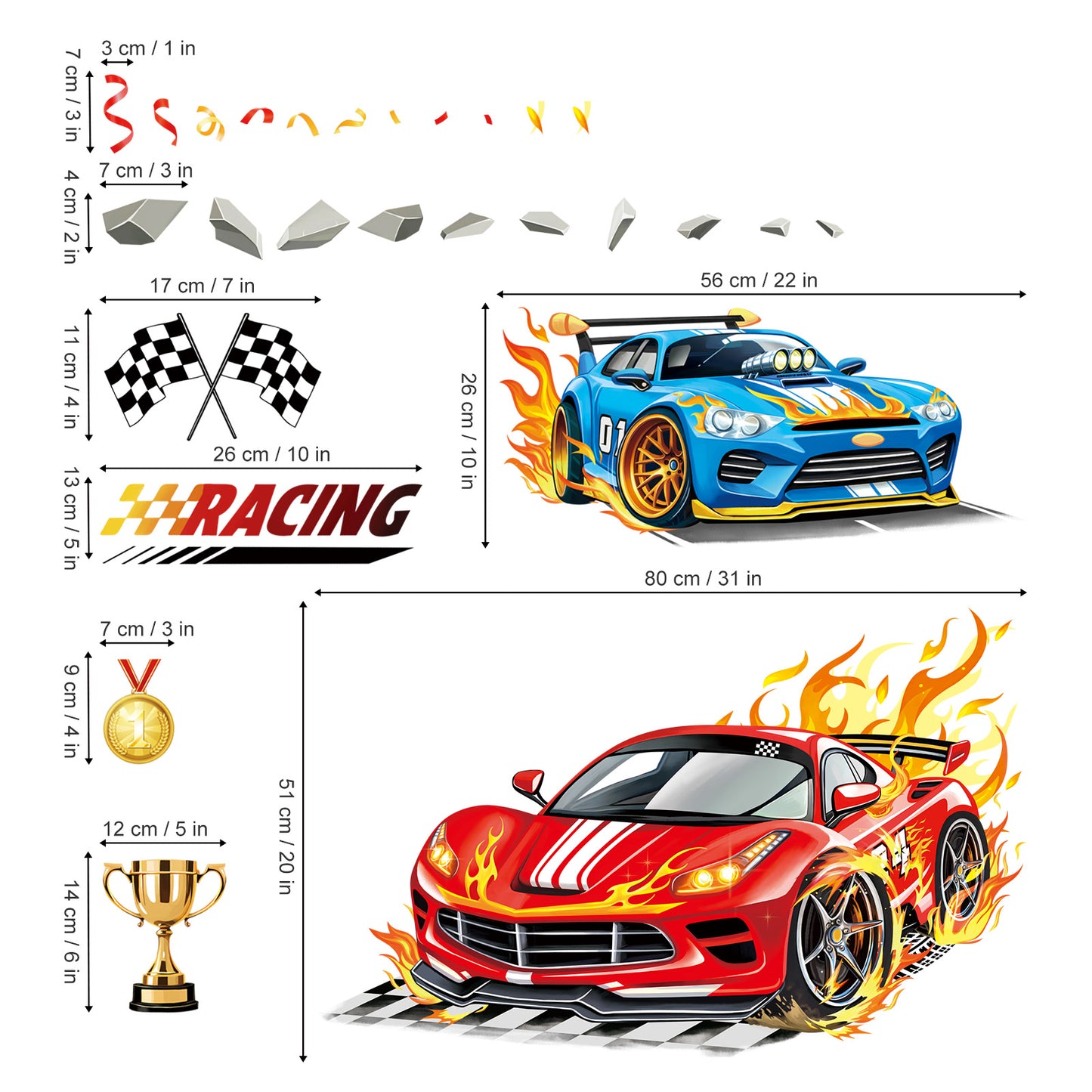 decalmile 3D Racing Car Wall Decals Red Blue Sports Car Trophies Flags Wall Stickers