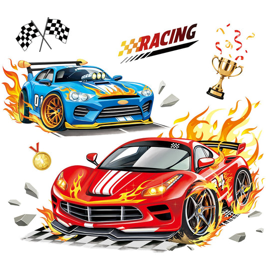decalmile 3D Racing Car Wall Decals Red Blue Sports Car Trophies Flags Wall Stickers