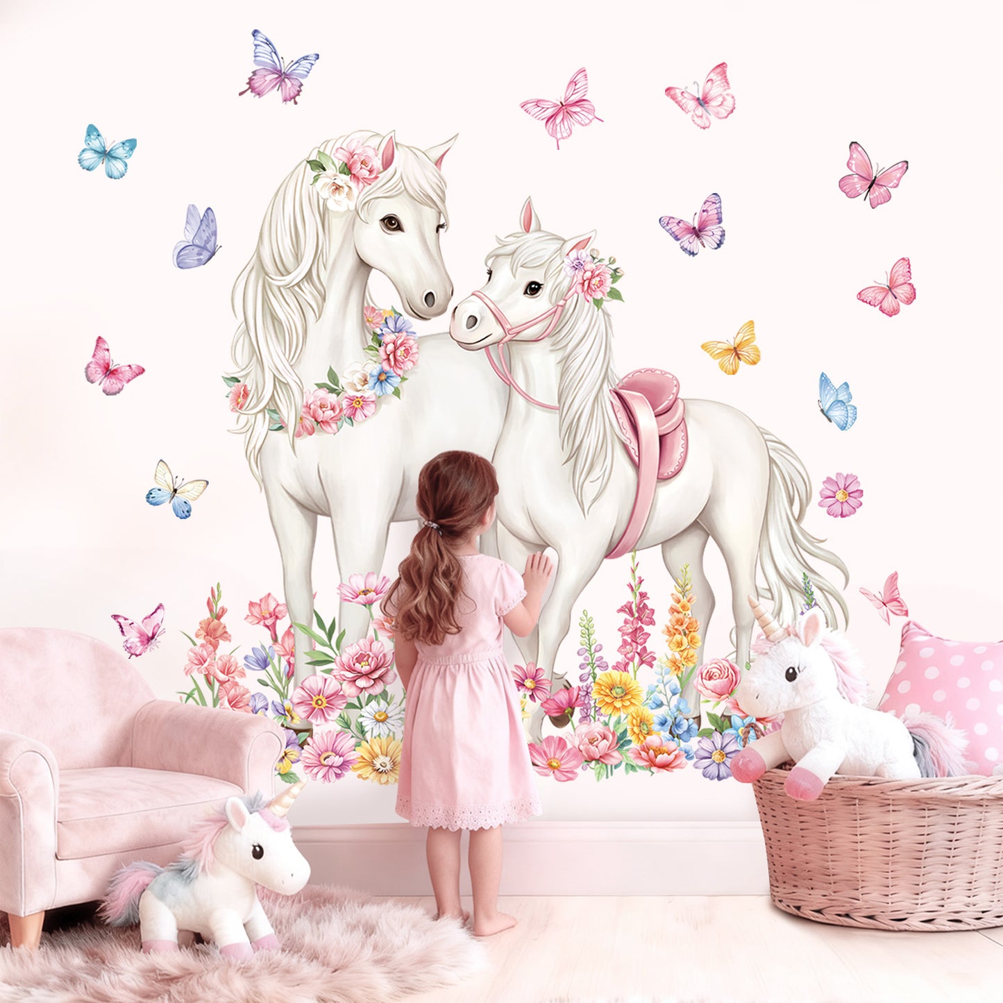 decalmile White Horse Flower Wall Decals Animal Floral Butterfly Wall Stickers