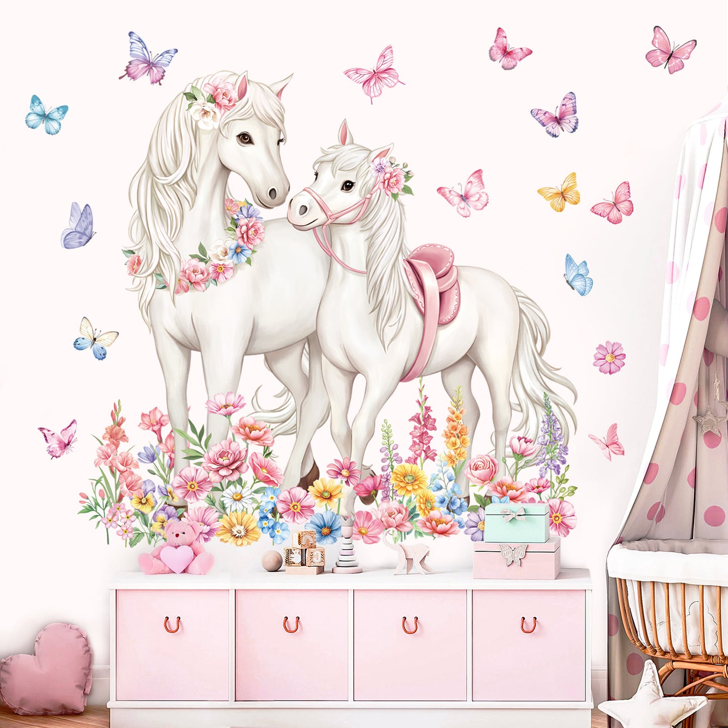 decalmile White Horse Flower Wall Decals Animal Floral Butterfly Wall Stickers