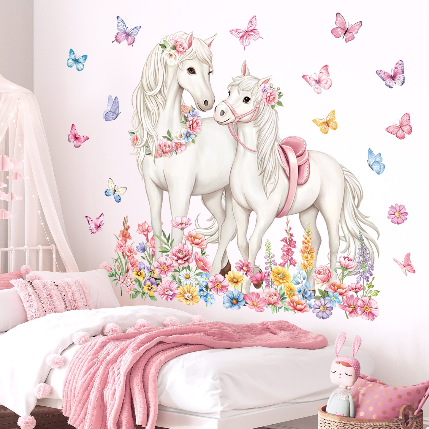 decalmile White Horse Flower Wall Decals Animal Floral Butterfly Wall Stickers
