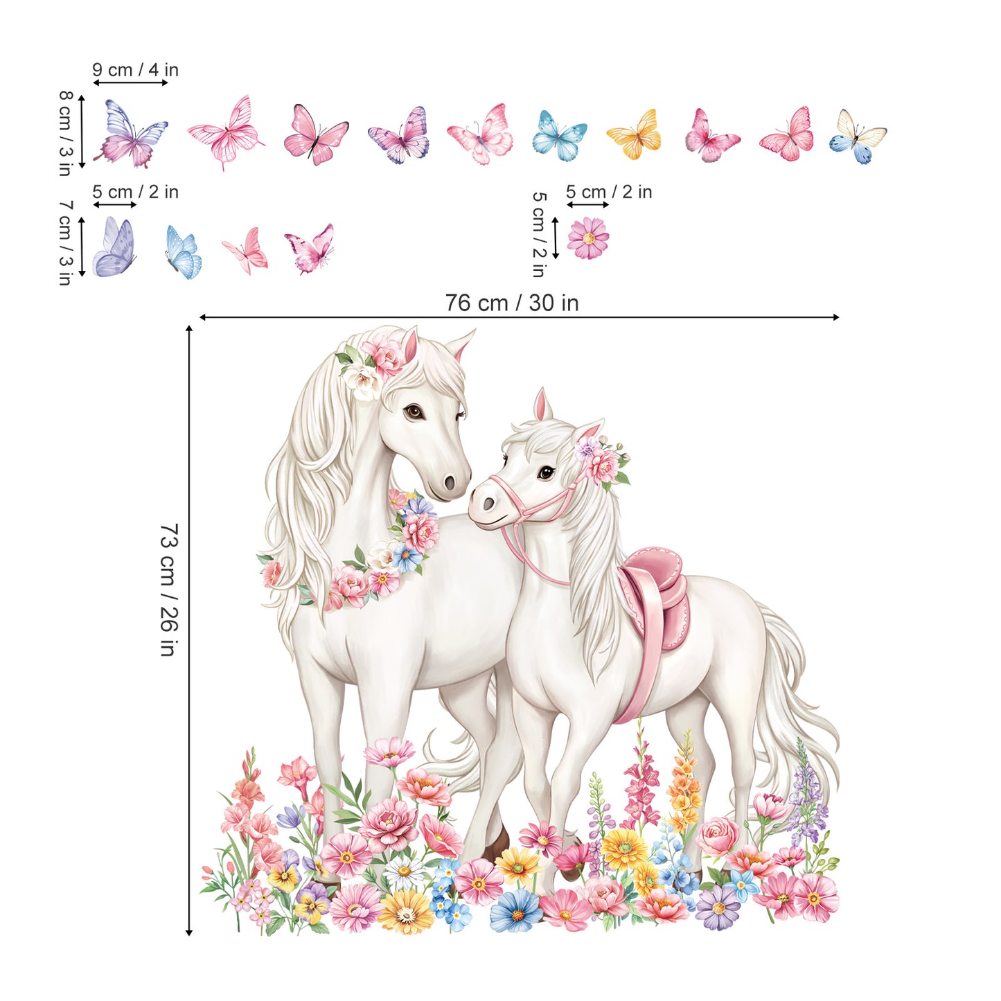 decalmile White Horse Flower Wall Decals Animal Floral Butterfly Wall Stickers