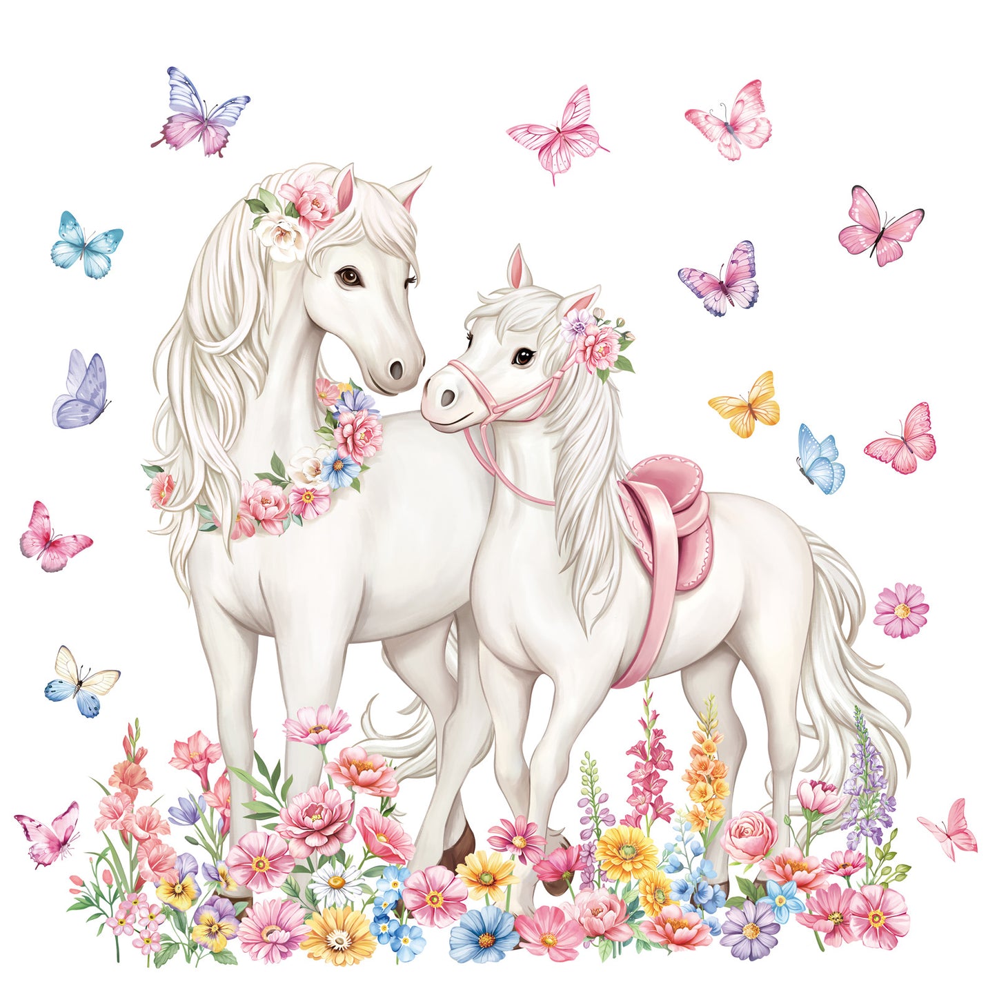 decalmile White Horse Flower Wall Decals Animal Floral Butterfly Wall Stickers